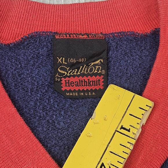Vintage Stallion Healthknit Sweater Mens XL (Small) Red Navy Blue Short Sleeve - Picture 4 of 5
